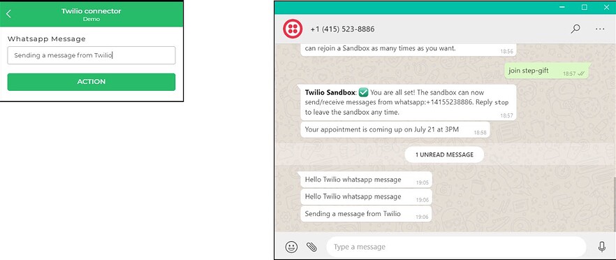 Twilio message sent to whatsaap number