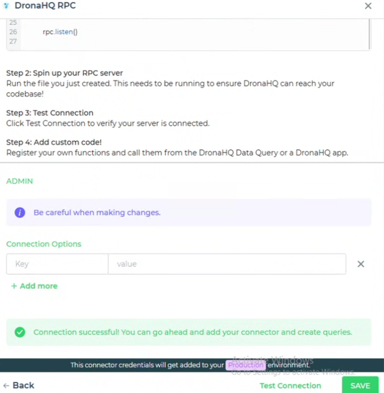 DronaHQ RPC Connector configuration succesfull