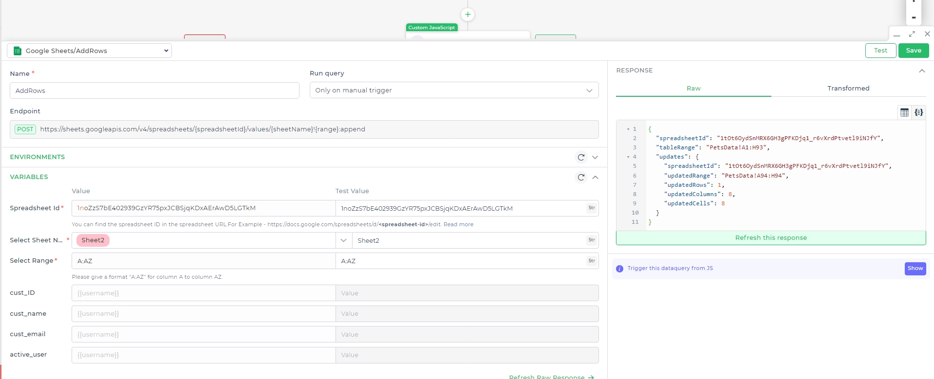 Configuring fields to add rows.