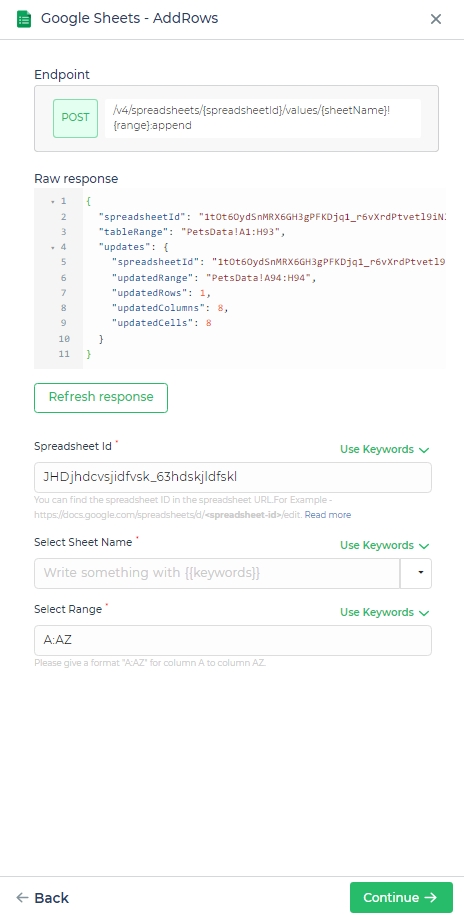 Configuring fields to add rows.