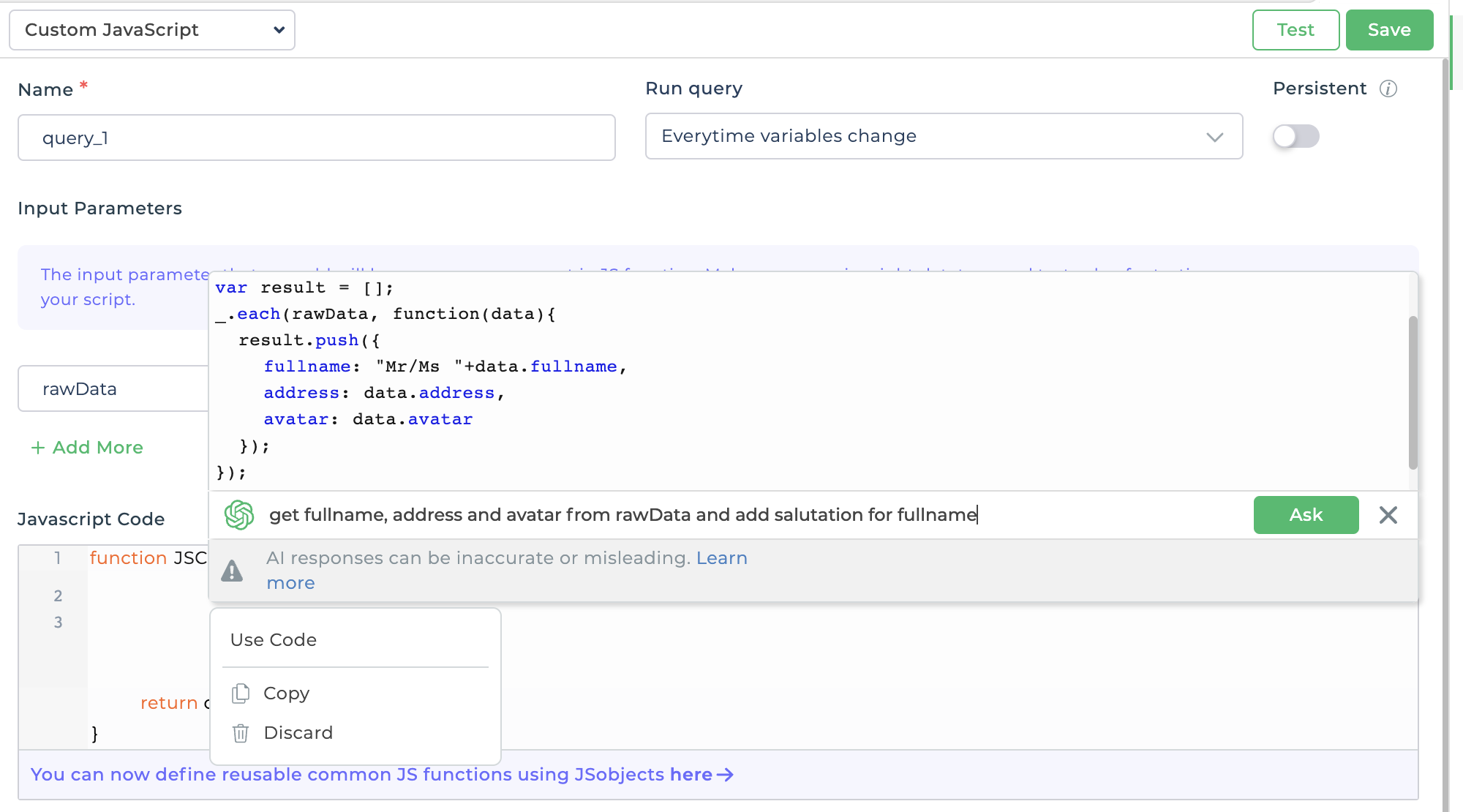 AI Assistant JavaScript code generation result