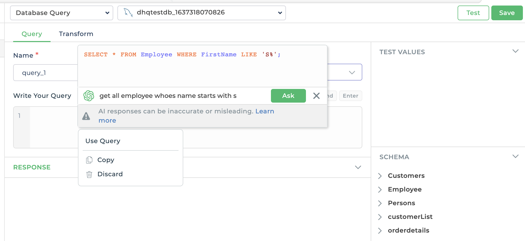 AI Assistant query generation Result