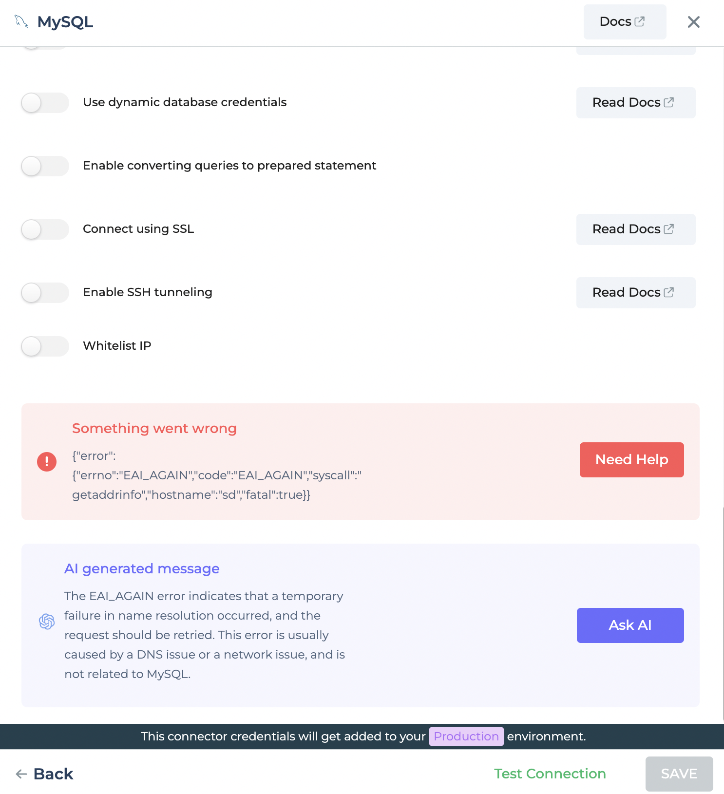 AI providing error information and cause while configuring MySQL database connector.