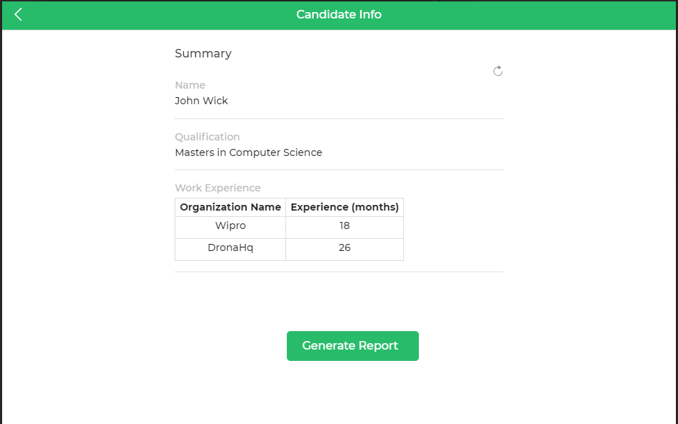 Summary control shows candidate details