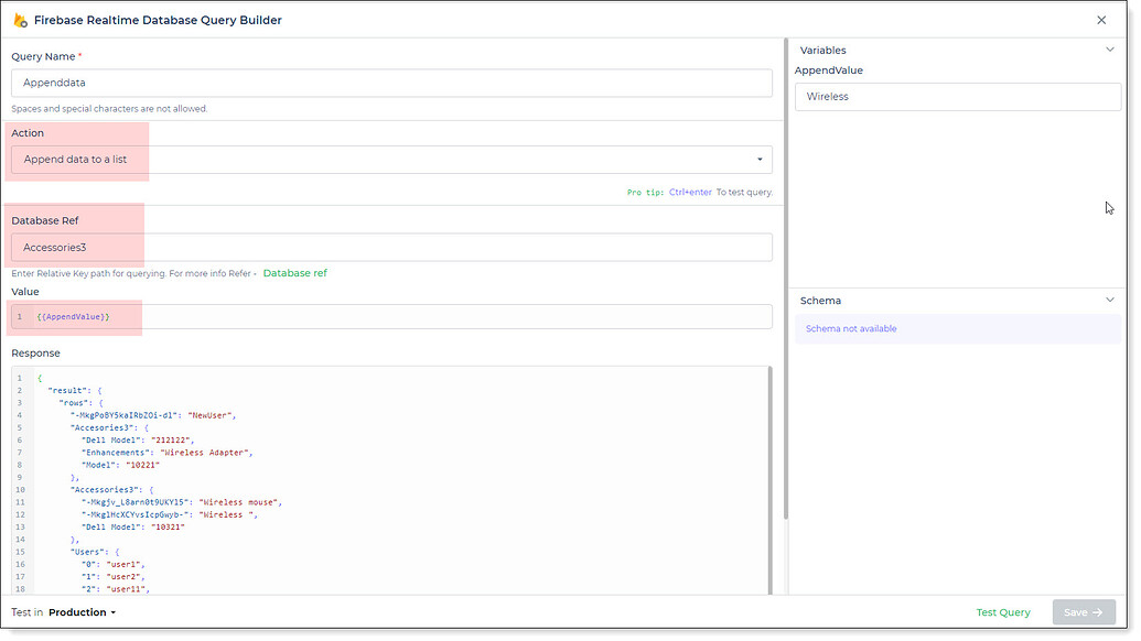 Firebase Realtime Database with append query.
