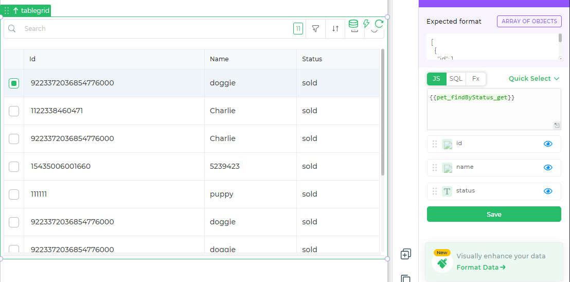 Binding the Data Query to Table Grid control