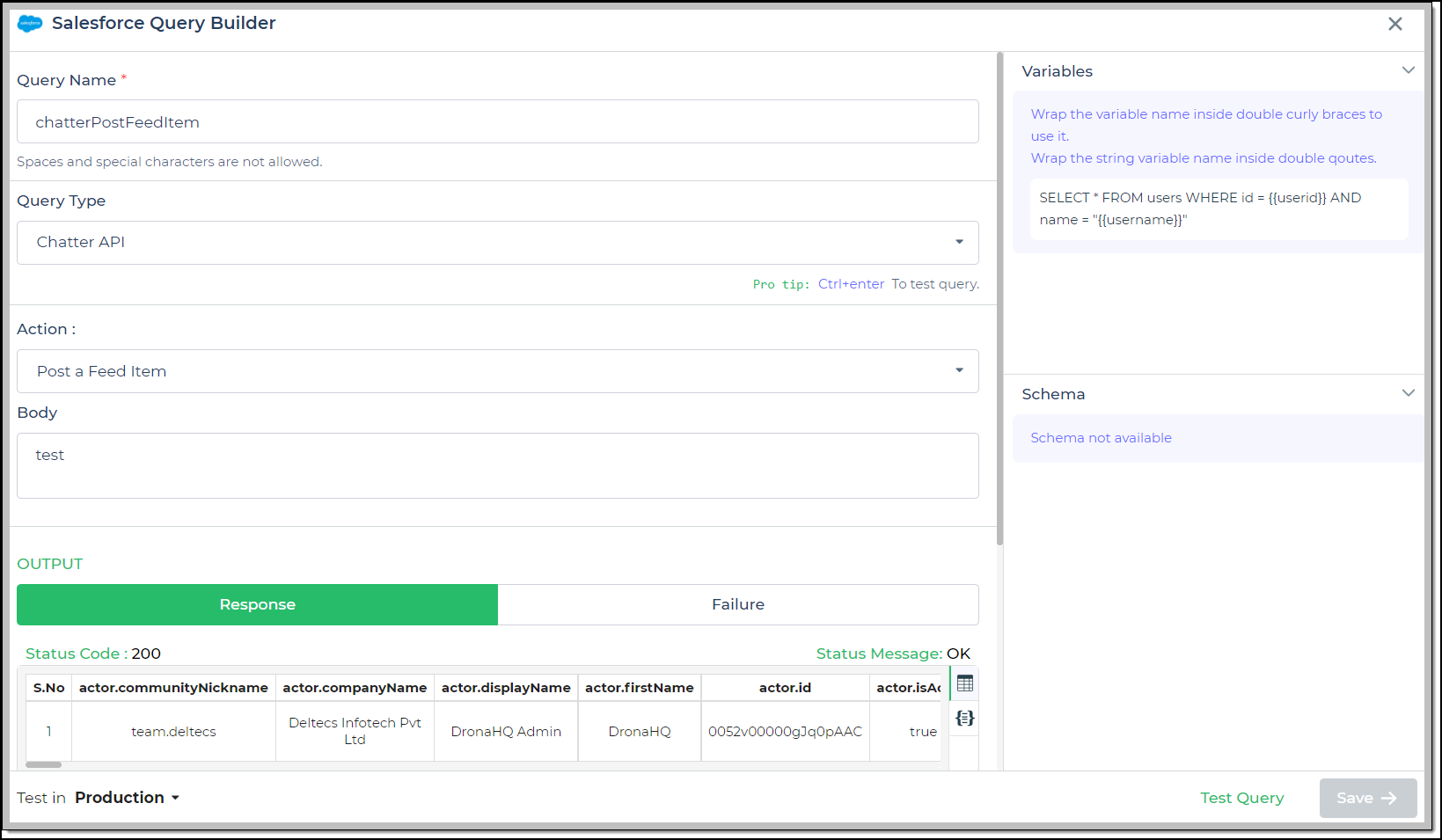  Chatter Post query of Salesforce API connector