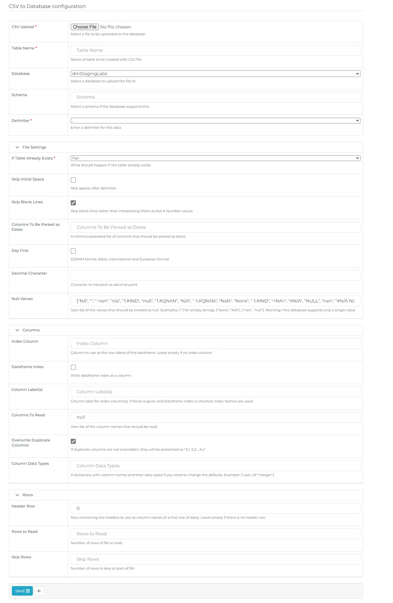 Configuration for uploading CSV File