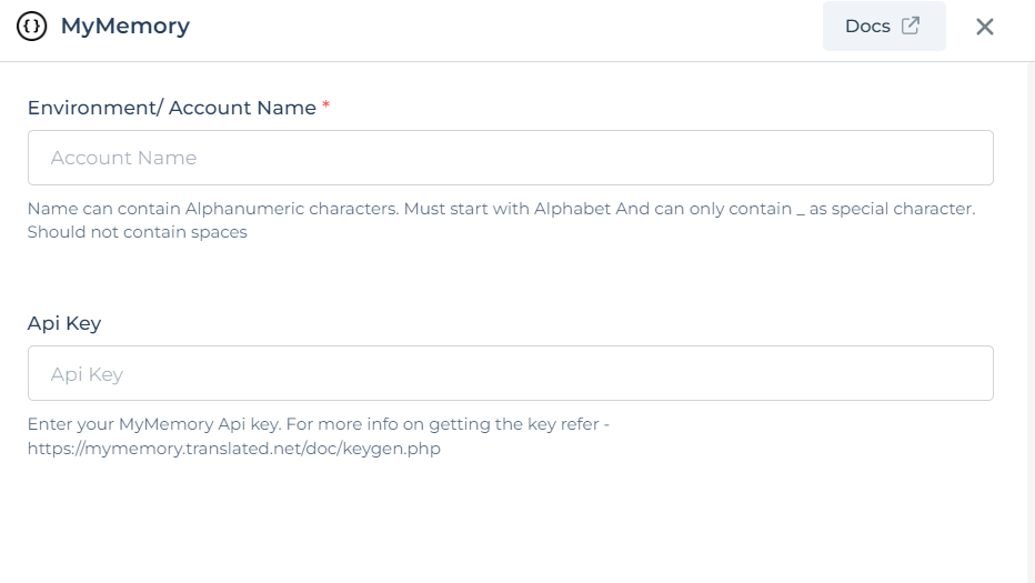 MyMemory with configuration details.