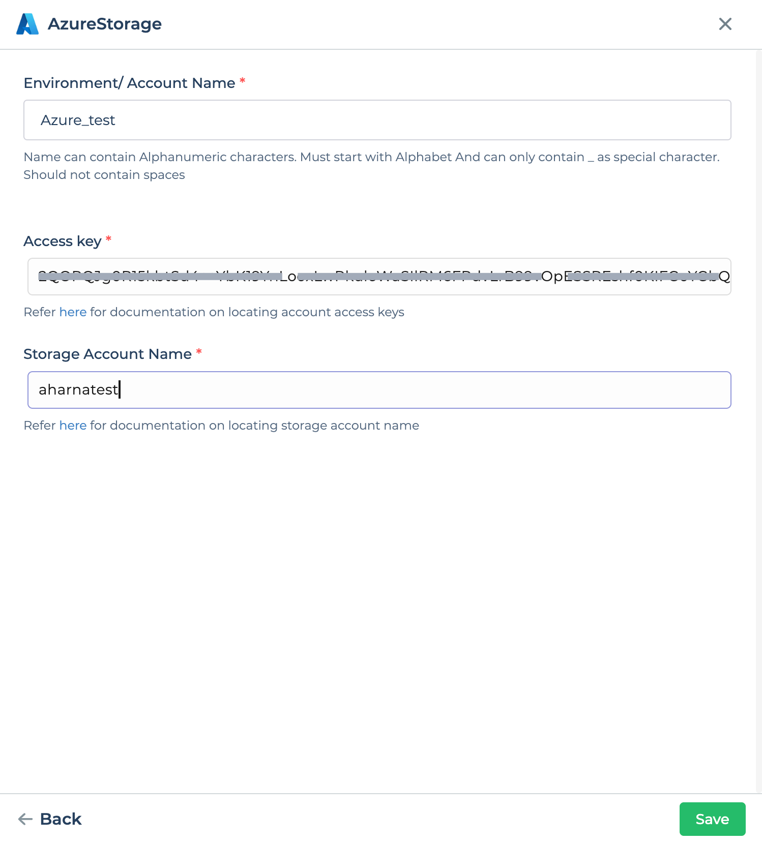 Azure Storage with configuration details.