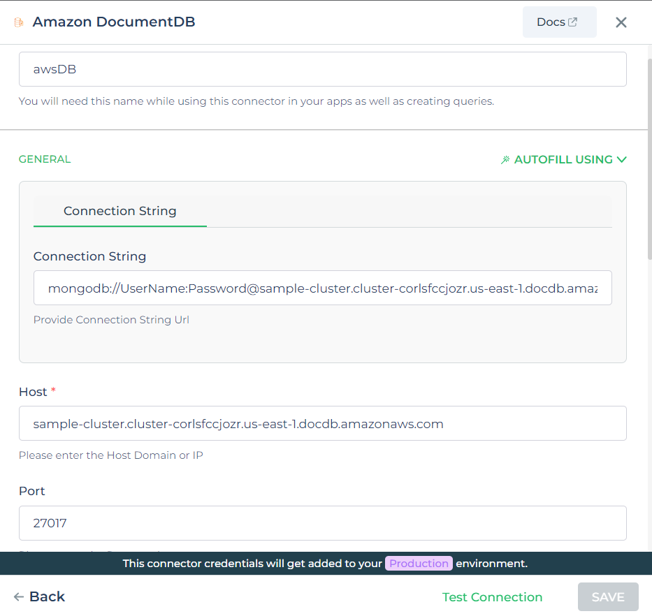 Amazon DocumentDB with Sample details.