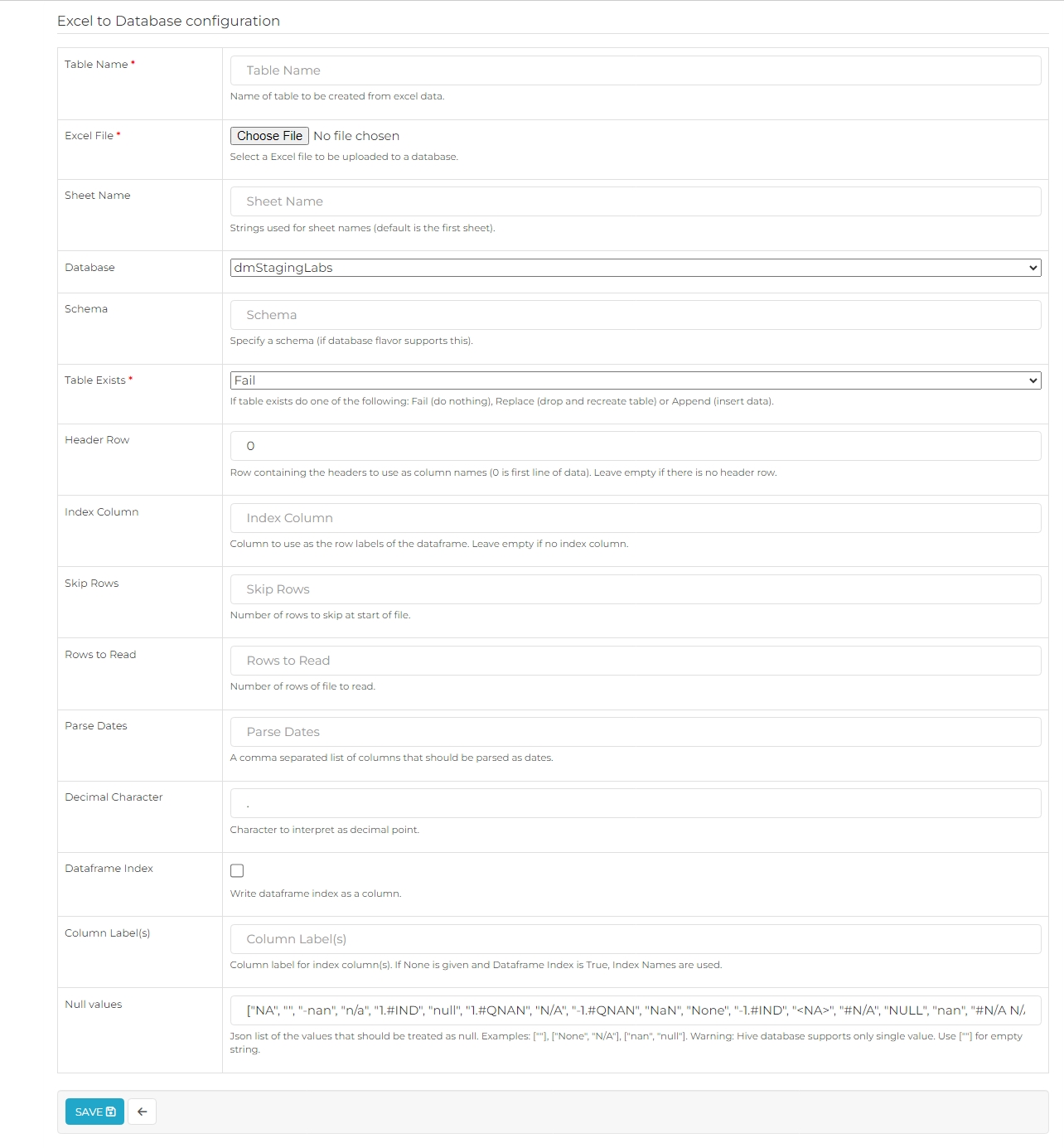 Configuration for uploading Excel File