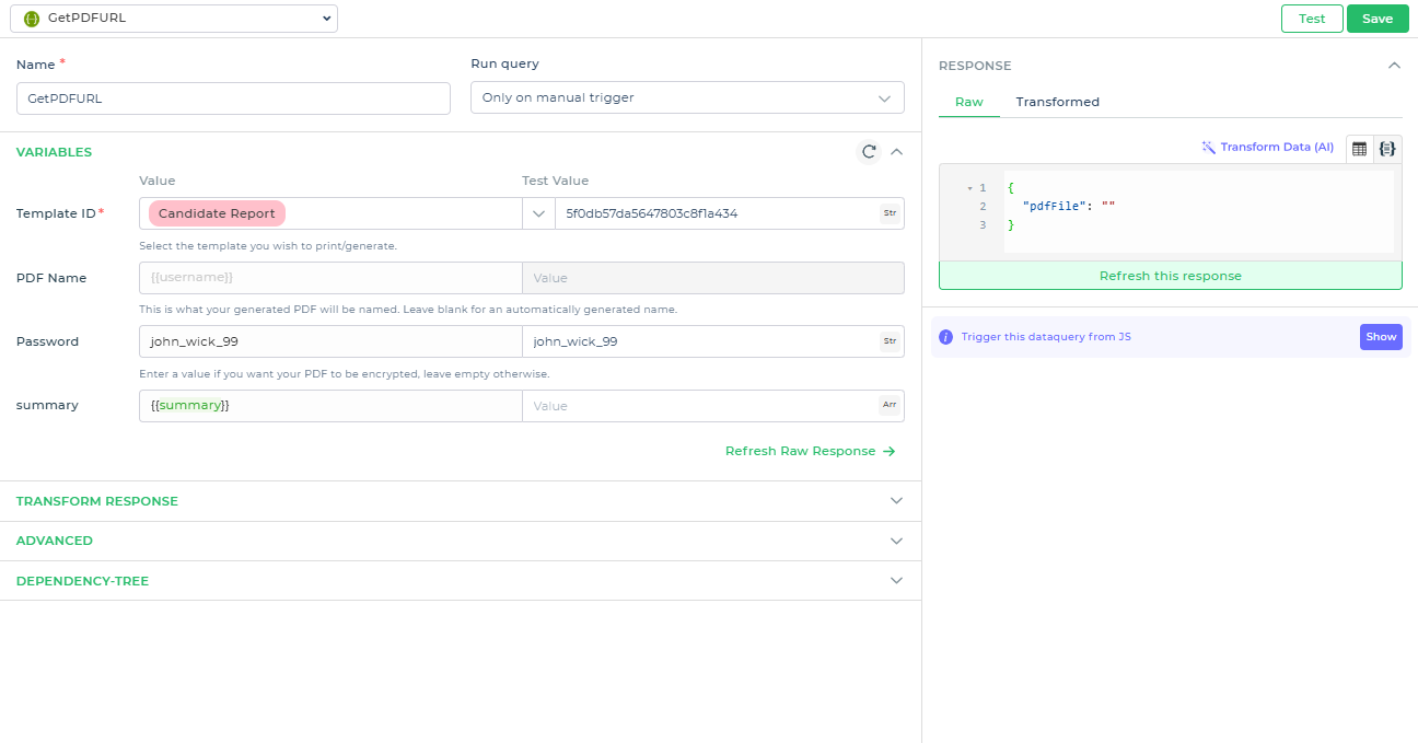 Generate PDF Action Configuration