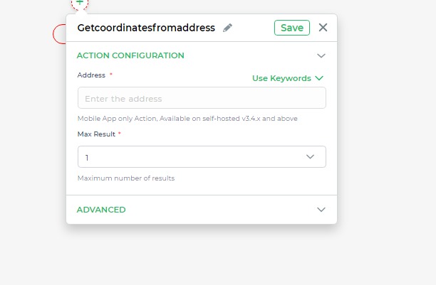 Get Coordinates from Address Action Configuration