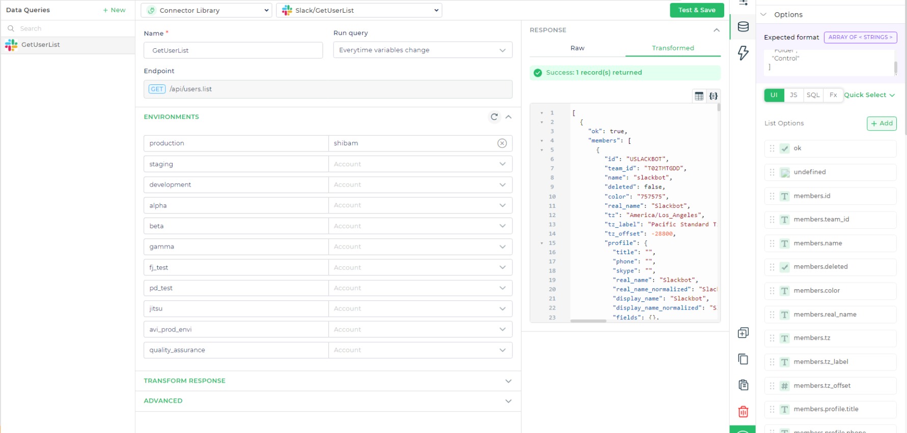 selected keys to display data