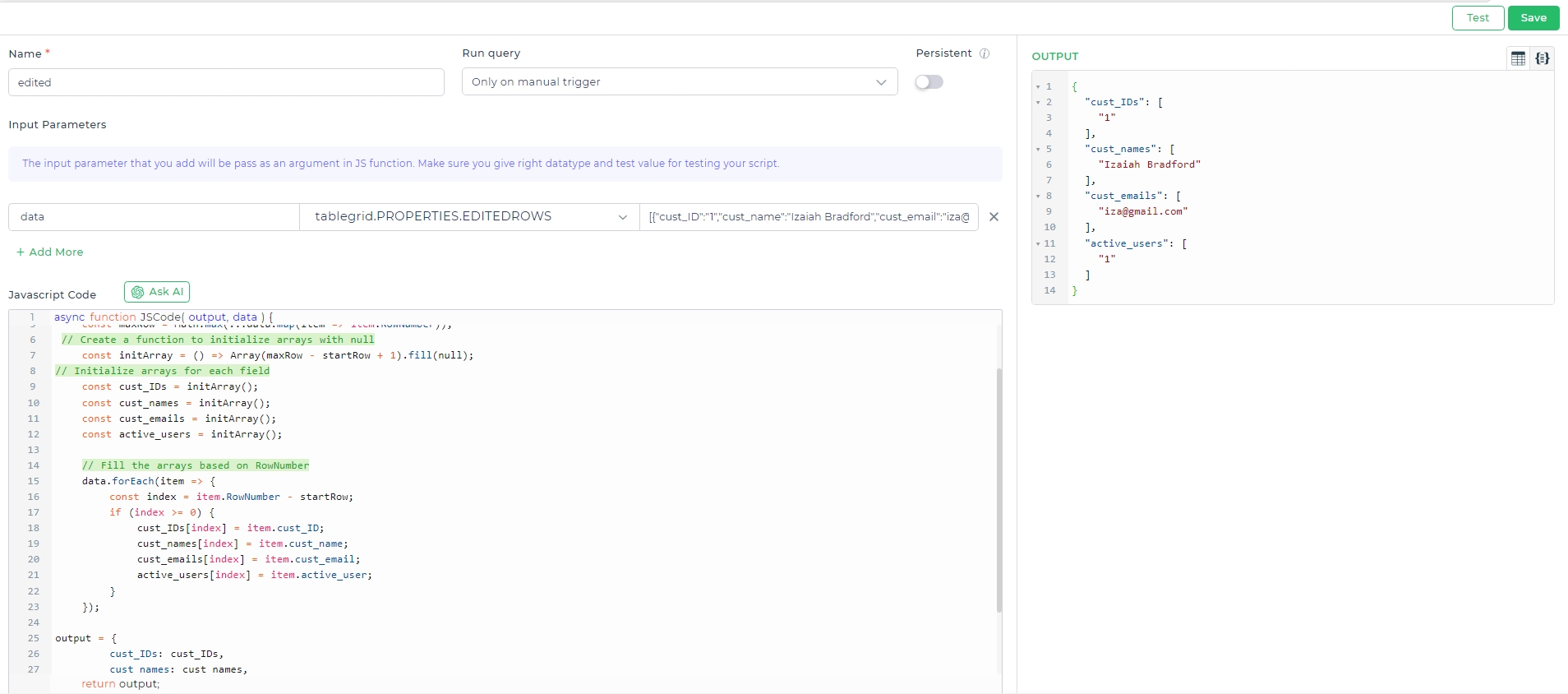 JavaScript code to transform the data in the action flow.