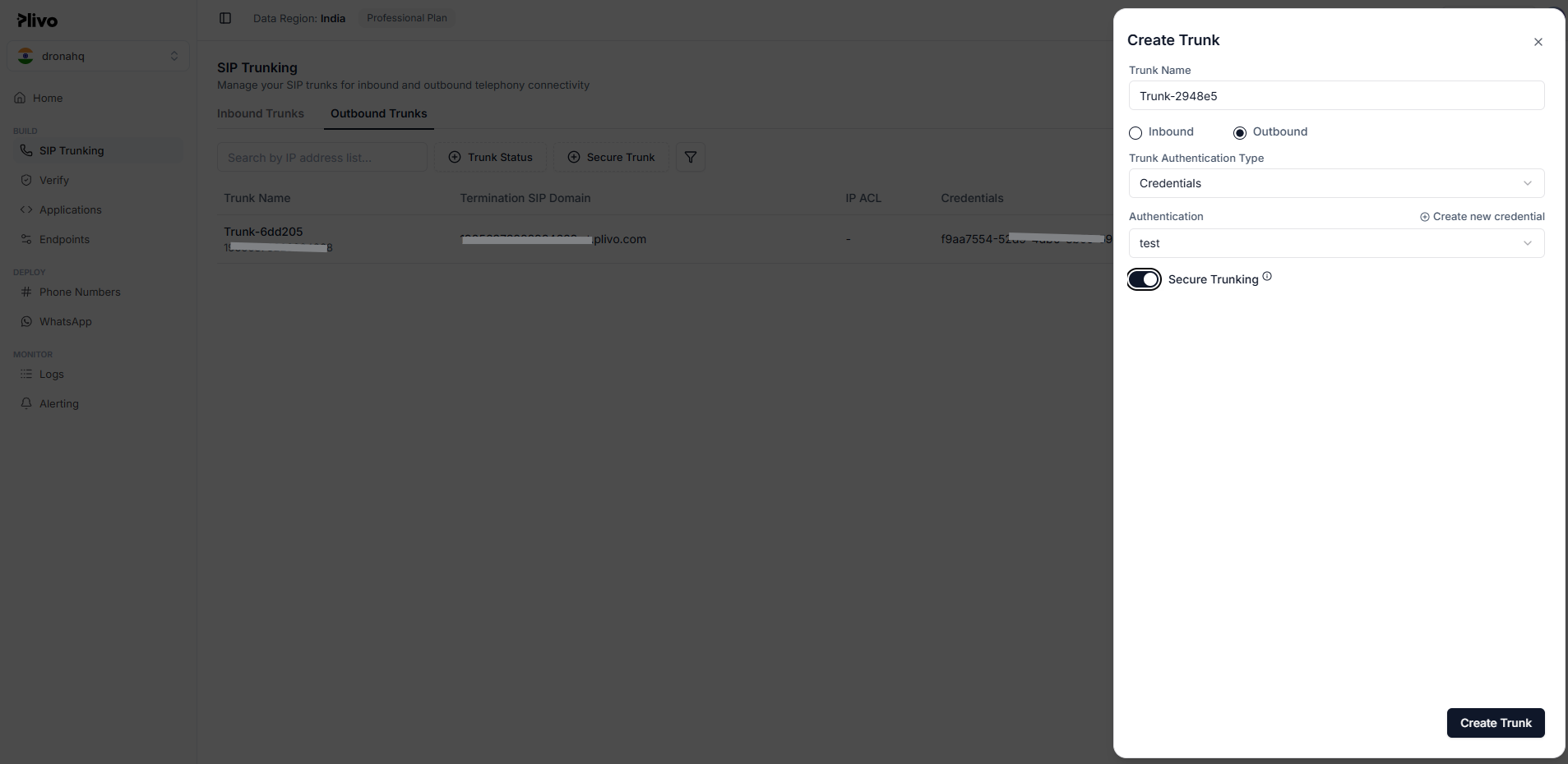 Create Plivo Outbound Trunk