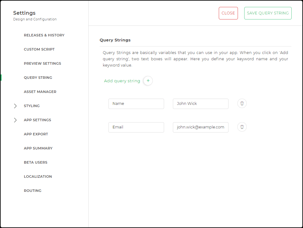 Query String Config Options Modal