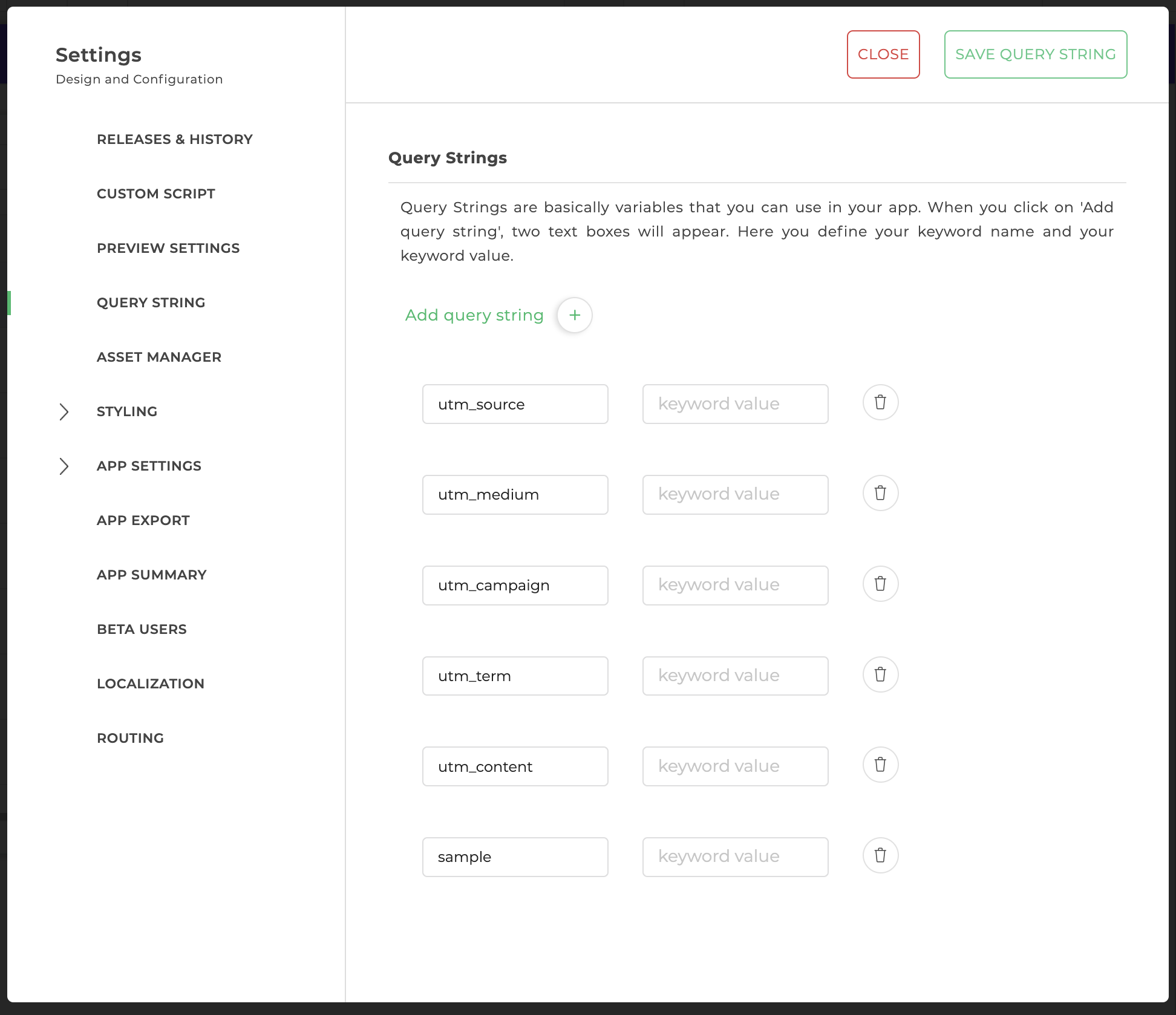 Query string configuration