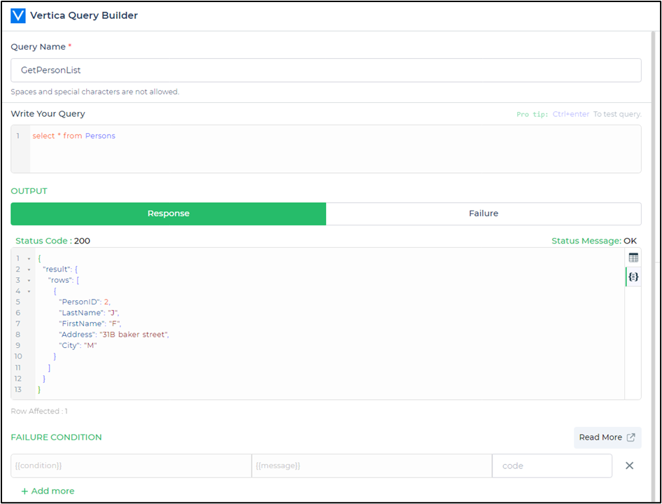 Query example for retrieving data from Vertica database.