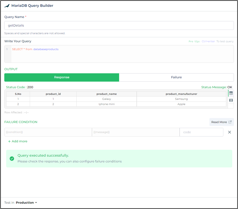 Query example for retrieving data from MariaDB database.