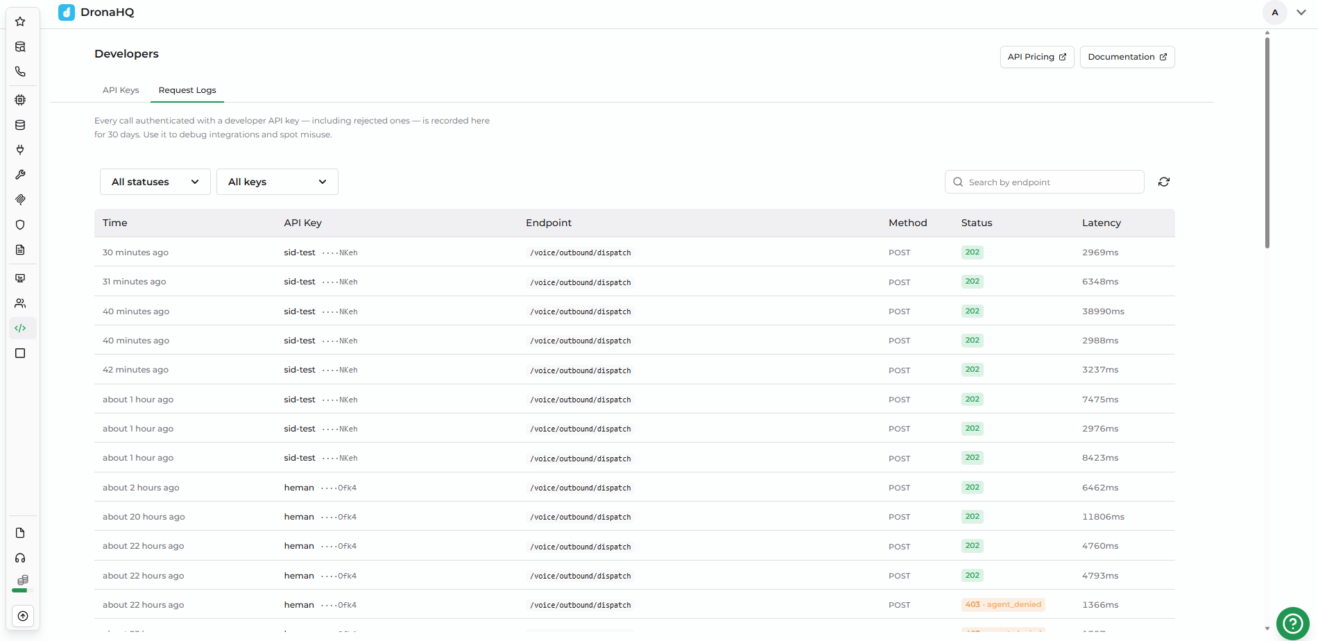 Request Logs tab in the Developer section