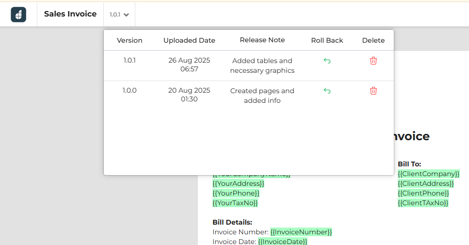 PDF Template Version Modal