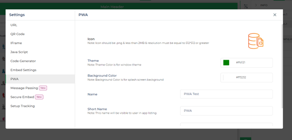Embed Settings -> PWA 