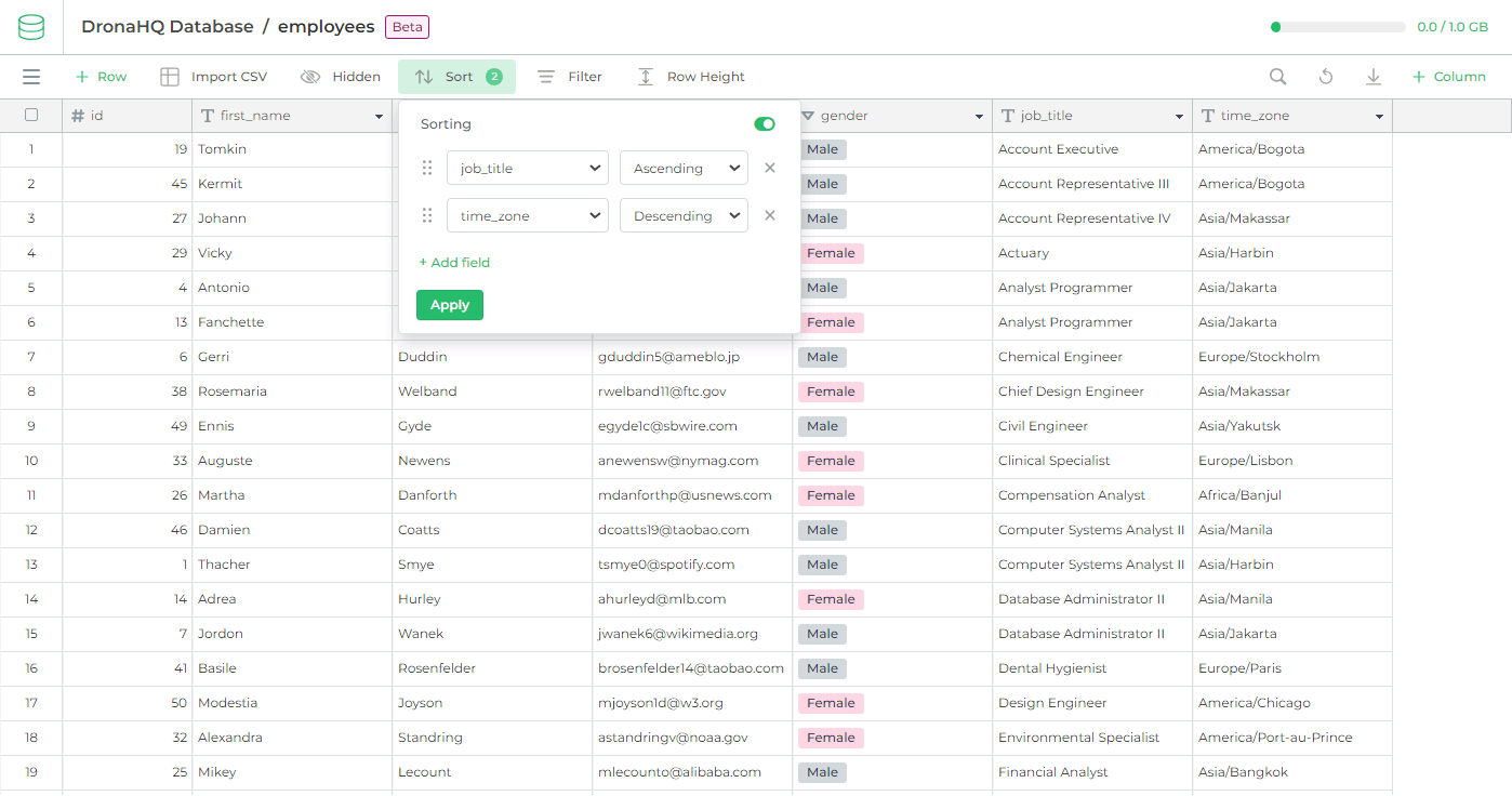 DronaHQ Database Sort Feature