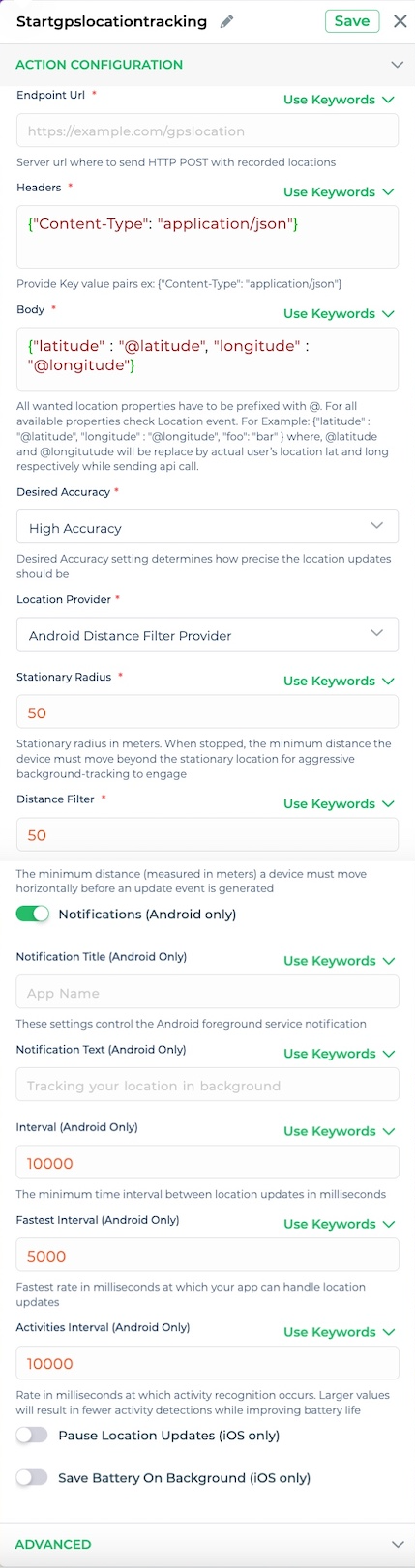 Start GPS Location Tracking Configuration