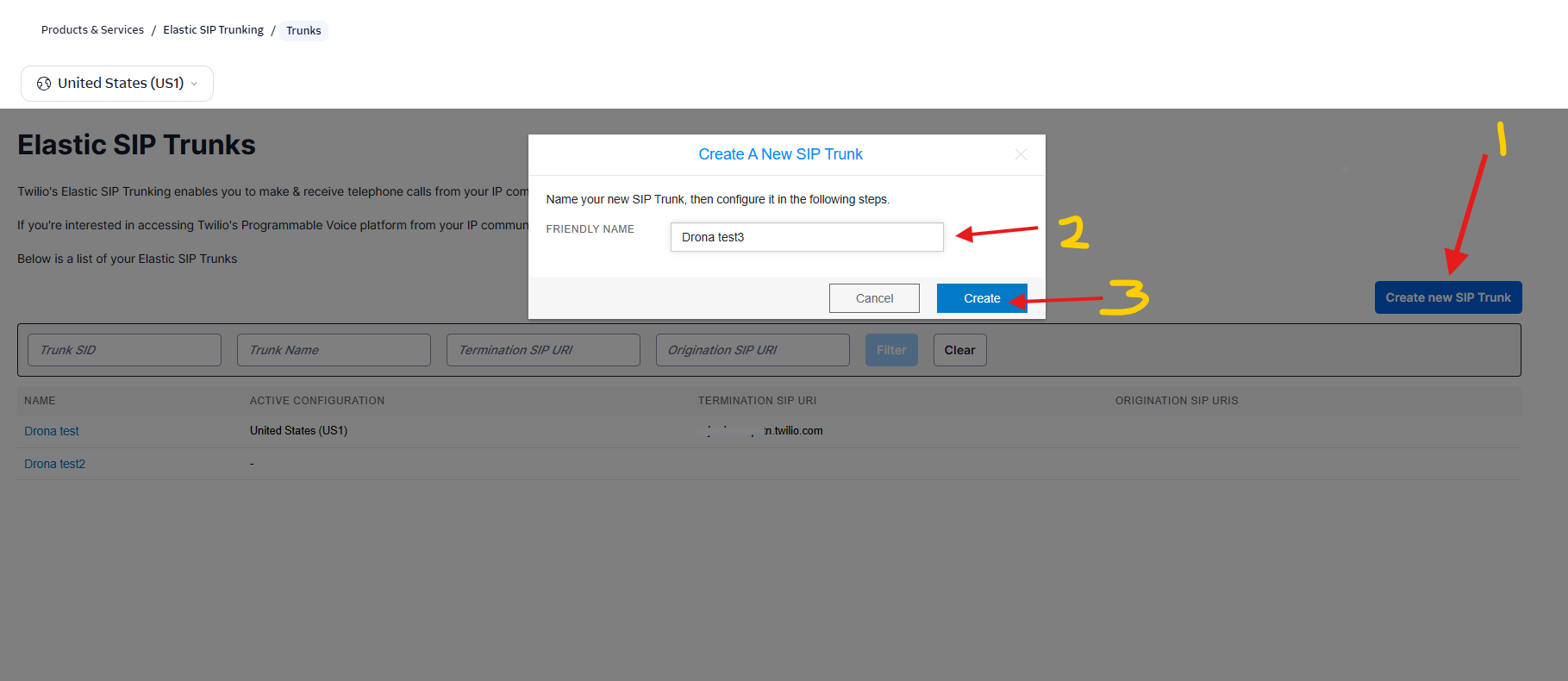 Create SIP Trunk in Twilio