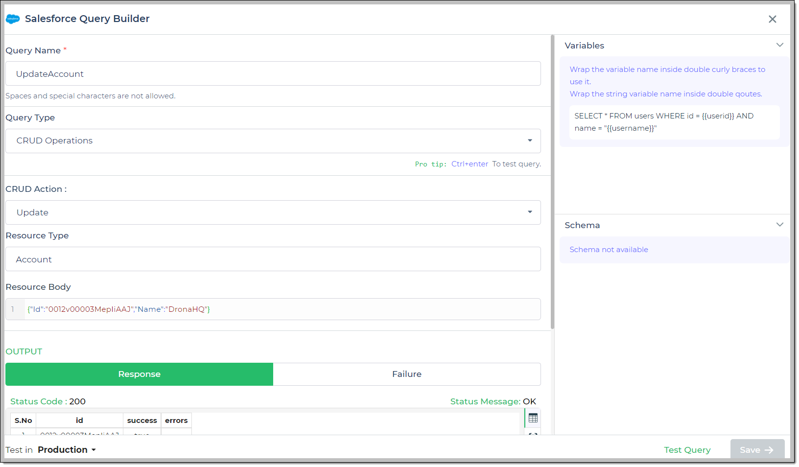 Update query for Salesforce API connector