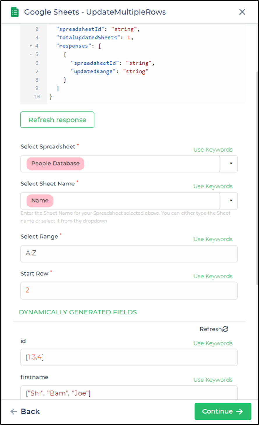 Configuring fields to update rows.