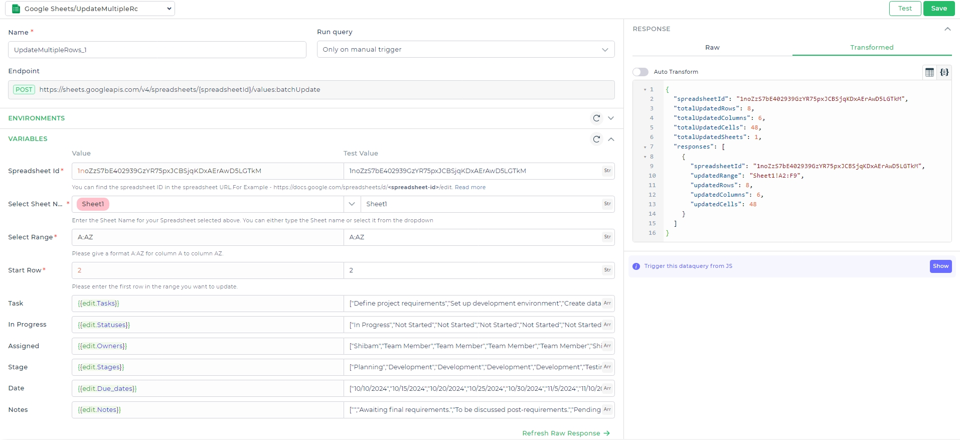 Configuring fields to Update multiple rows.