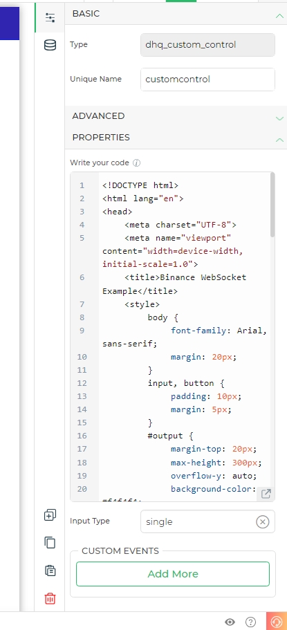 Code section for the Custom Control.